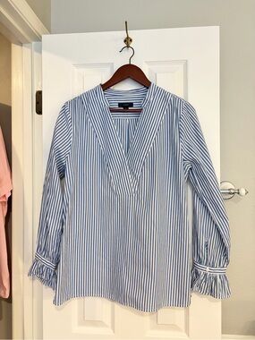 J Crew Cotton Poplin Top Small Blue White Stripe Coastal Preppy